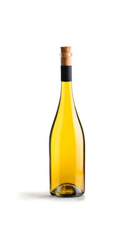 Wine bottle, transparent glass, curved body, narrow neck, cork stopper, golden wine, reflective surface, solo, still life, warm lighting, 3/4 composition, shallow depth of field, soft focus, vintage s