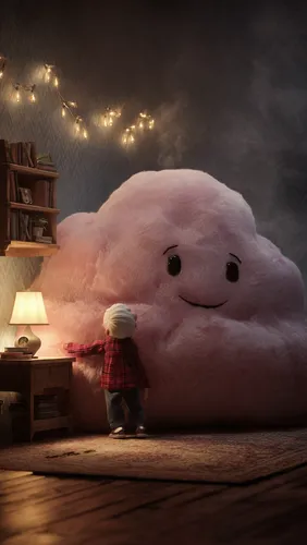 A cute, pink cloud with eyes and mouth made of cotton candy sits on the floor in front of an empty wooden bookcase. A little boy dressed as Little Red Riding Hood is standing next to it. The room has 