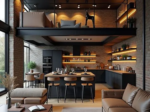 Modern loft-style open-concept kitchen and living room with industrial and cozy elements. Exposed brick walls, black metal shelving, and wooden countertops create a stylish contrast. The kitchen islan