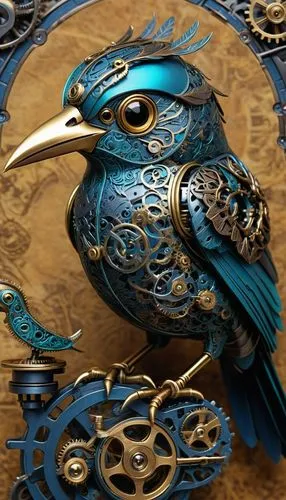 /imagine prompt: Highly intricate steampunk automaton bird, close-up illustration. Body constructed from dark blue/black metal intricately etched with filigree patterns. Head features a metallic turqu