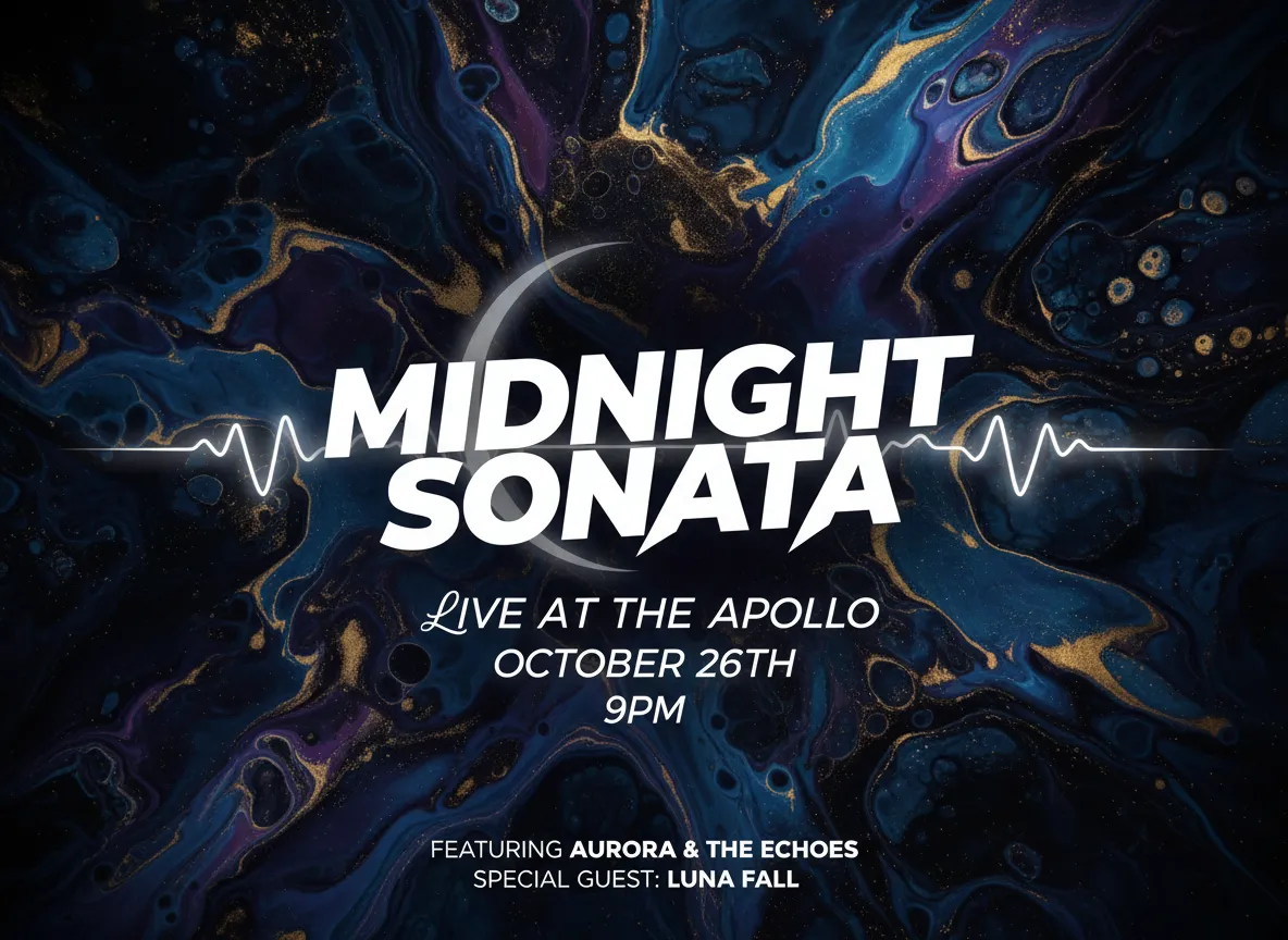 एक आधुनिक कॉन्सर्ट पोस्टर जो सफेद टेक्स्ट और इवेंट विवरण को उभारने के लिए एक गहरे, नाटकीय फ्लूइड ऐक्रेलिक्स बैकग्राउंड का उपयोग करता है।