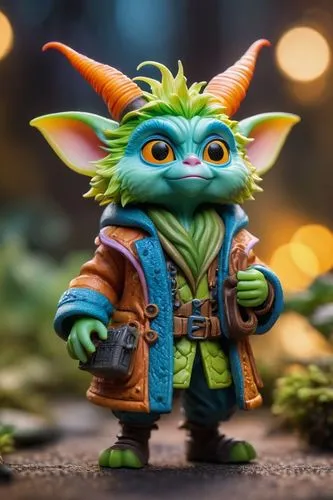 Leica portrait of a gremlin monster wearing a coat, coded patterns, sparse and simple, uhd image, urbancore, sovietwave, period snapshot,a very cute looking toy figurine on the ground,gizmo,goblin,gru