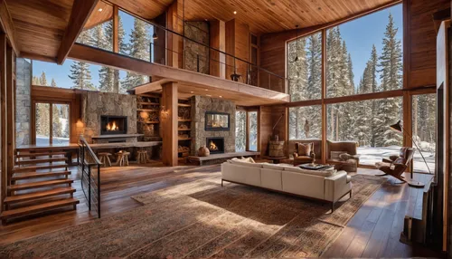 Huge floor-to-ceiling glass windows, outside is nature, winter, at night,the cabin in the mountains,log cabin,log home,cabin,chalet,small cabin,snow house,snowed in,house in the mountains,fire place,w