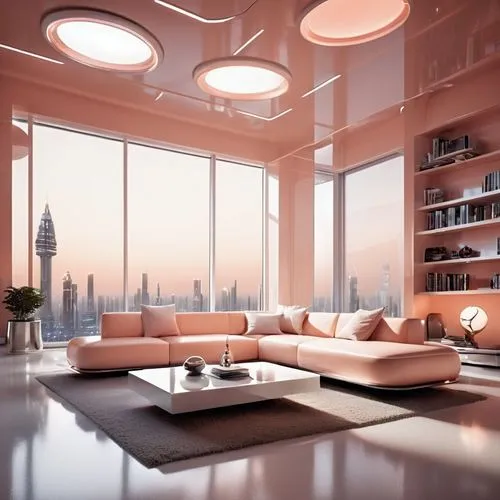 (Futuristic living room interior design perspective view:1.8), futuristic elements, bookshelves, (large window allows futuristic city view), ((realistic)), photo-realistic, (hint light peach fuzz on t