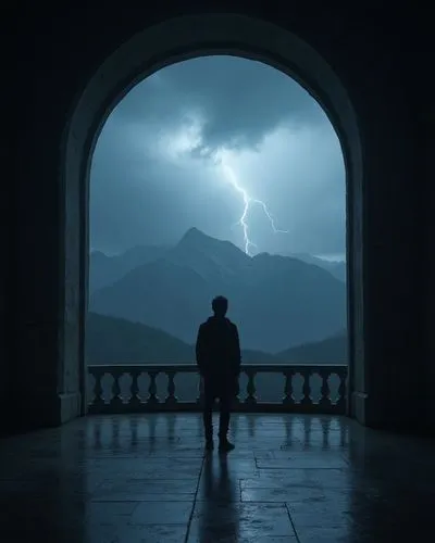 Men standing inside a great hall dimly lit, admiring the storm outside: A lighting crosses the night sky to meet with the top of a mountains, heave rain, wild view,a man stands in a doorway and stares