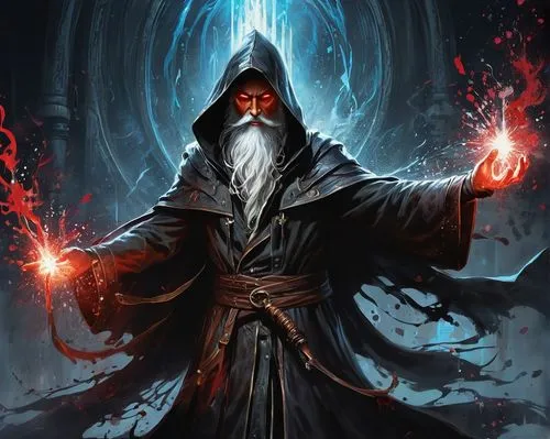 Fantasy duel, magical showdown, mystical arena, misty atmosphere, eerie silence, opposing wizards, light magic caster, white beard, wispy hair, worn leather-bound tome, crystal-tipped staff, shining a