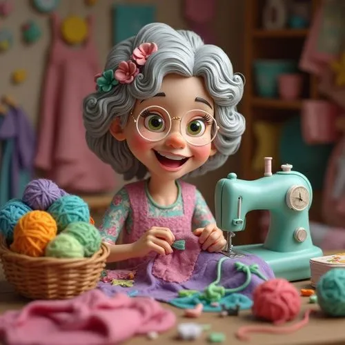 Smiling elderly woman, Caucasian, 70s-80s, with voluminous, light gray hair adorned with colorful flowers and ribbons, wearing round glasses, and a floral print dress in pink, purple, and green.  She 