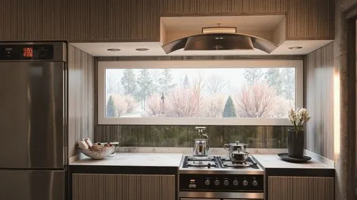 A modern kitchen with a sleek black marble island, plush barstools, and warm pendant lighting, complemented by floor-to-ceiling windows for natural light.,a kitchen with an oven, dishwasher and microw