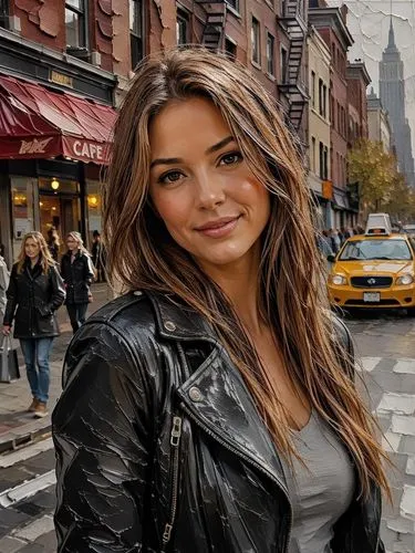 An impasto palette knife oil painting of a beautiful young woman with long, straight light-brown hair and a gentle smile, looking directly at the camera. She is wearing a sleek black leather jacket ov