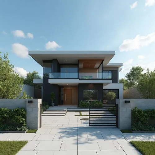 A photo-realistic shoot from a bird's eye view about a modern two-story house with a minimalist design, featuring a large entrance flanked by two smaller buildings on either side. the image also shows