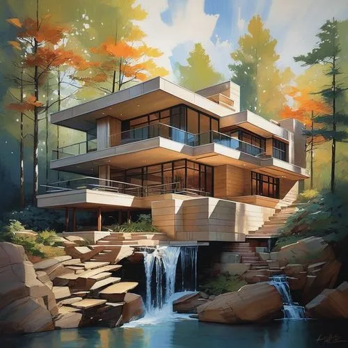 create a re-imagination of Frank Lloyd Wright's Falling water, modern finishes,house in the forest,house in mountains,house in the mountains,mid century house,house by the water,house with lake,modern