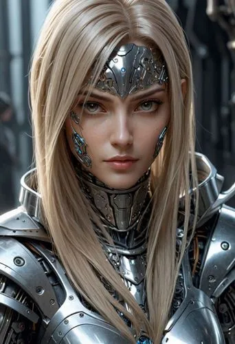 a woman in armor with long blonde hair,female warrior,warden,inquisitor,paragon,crusader,warrior woman,armor,paladin,circlet,knight armor,head woman,alien warrior,cyborg,cosmetic,armored,breastplate,s