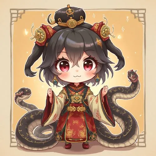 snake,snake,snake,A charming animated character with a snake-like body,adorned in traditional Chinese attire and accessories,,a cute asian girl with a dragon head on her shoulders,xuanze,yamantaka,xua