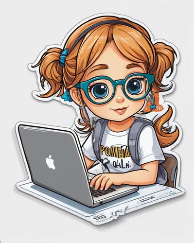 "PROMEAI" typography, funny tshirt theme of a cartoon character of a little girl with eyeglasses coding on her laptop, white background, anime,girl at the computer,flat blogger icon,blogger icon,clipa