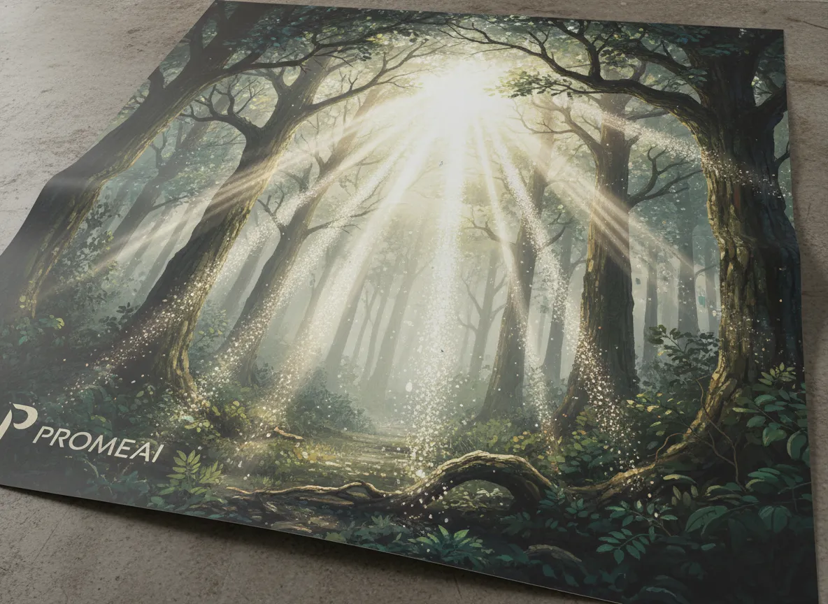 PromeAI में डिज़ाइन किए गए पोस्टर का क्लोज-अप विवरण, जो धुंधले जंगल के वातावरण से गुजरने वाले लाइट शाफ्ट के यथार्थवादी बनावट को उजागर करता है।