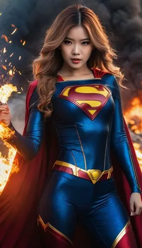 lisa blackpink, cosplay , superman suit  realistic style, no mask, no pant, fire and explosion in background, elegant, glamour,the supergirl in her costume is posing for the camera,super heroine,super