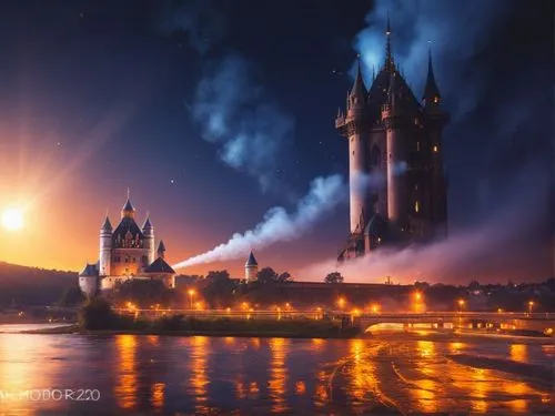 Собор на другом берегу реки на закате,the castle is lit up by the light of lights,fairy tale castle,fairytale castle,gold castle,fantasy picture,fantasy city,castles