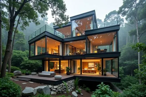 Design stunning glass-walled retreats harmonizing nature with modern elegance.,a view of a two - story house from the woods,forest house,house in the forest,cubic house,cube house,timber house,house i