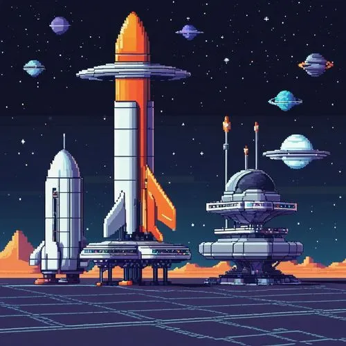 Pixel Art， game Scene,space port,spaceport,spacescraft,spaceports,cartoon video game background,space ships,pixel art,ksc,spaceships,futuristic landscape,spacecrafts,spaceship space,retro background,s