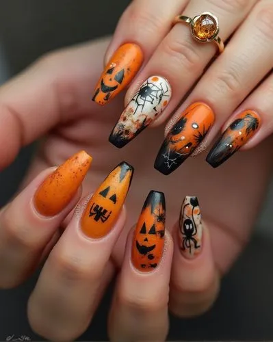 Nils Design, hallowen nails,
A set of Halloween-themed nails with orange and black, long-shaped nails. One hand is wearing an amber ring on the middle finger. The nails feature painted pumpkins, spide