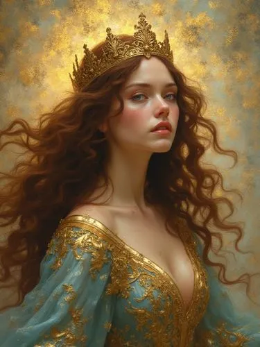 Photorealistic illustration of a brown-haired woman with a gold crown, in gold and blue attire, on a glowing background, fantasy baroque style, evoking Mucha,,a painting of a woman with long hair,gold