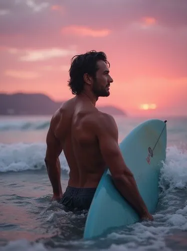 A passionate surfer emerging from the ocean at dusk. He’s in his early 30s, with sun-bleached hair slicked back and water droplets cascading down his tanned skin. Holding his surfboard under one arm, 