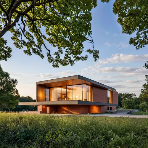 1building,a building sits on a grassy area,corten steel,dunes house,modern house,cube house,mid century house,timber house,tugendhat,danish house,passivhaus,newhouse,vitra,bunshaft,ruhl house,cubic ho
