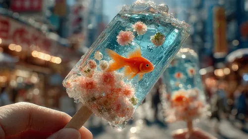 A realistic photo of an ice pop held in a hand ultra-detailed and lit with natural light. Inside the transparent ice, there is a miniature Tropical fish , as if frozen in time. The ice pop has a sligh