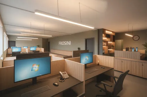 there are two monitors on the desk at the office,modern office,blur office background,assay office,offices,school design,control center,control desk,creative office,conference room,computer room,cubic