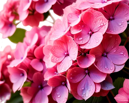 Big hydrangea flowers, pink petals, delicate edges, soft focus, morning dew, gentle light, 3/4 composition, shallow depth of field, warm color tone, cinematic lighting, detailed center, blurred backgr