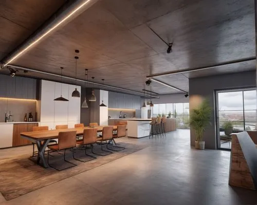 industrial design,modern office,modern kitchen interior,modern kitchen,concrete ceiling,conference room,kitchen design,offices,loft,kitchen interior,chefs kitchen,meeting room,penthouse apartment,inte