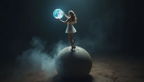 a young woman with long hair wearing a mini dress and high heels, standing on top of the cannonball, her arms raised to her bodies, holding the planet earth  in her left hand, the dark background crea