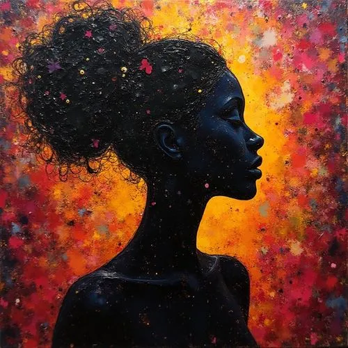 a painting of a black woman with lots of paint splattered on her face,oil painting on canvas,oil on canvas,mystical portrait of a girl,woman silhouette,binti,oil painting,african woman,girl portrait,g