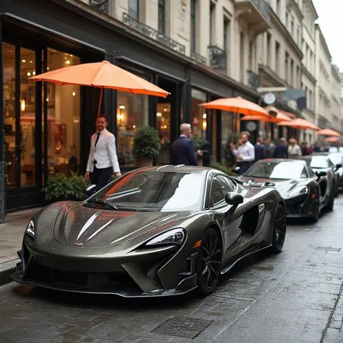 Create a vibrant scene in a bustling city with sleek, modern sports cars parked alongside upscale boutiques. Showcase a McLaren P1 as the centerpiece, designed with intricate lines and bold curves. Ad