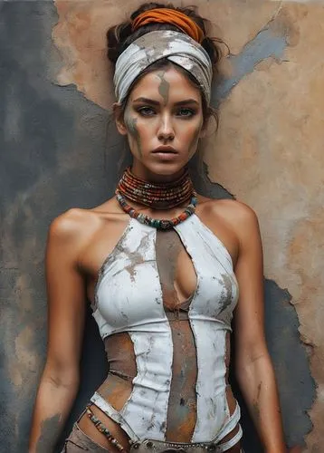 A beautiful, stunning mixed media figure realistic photo using different texture, collage, fabric, powertex, acrylic paint. oil pastels, modeling paste, rust paint, mud, over skin covered. captivating