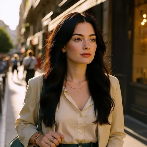 Modify the hairstyle of this woman to long, straight black hair, keeping the overall lighting and scene atmosphere consistent.,a woman with long dark hair and gold earrings,woman walking,street shot,o