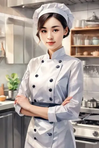Woman with clothes standing, Low poly 3D model, geometric shapes, modern style, great for video games.,a woman wearing a chef's coat and standing next to a stove,chef,girl in the kitchen,workingcook,c