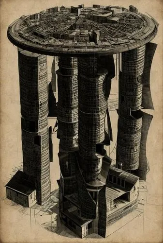 a Modern Building,an artistic architectural drawing depicting the world's most famous structures,pithead,centrifuge,water well,charcoal kiln,potter's wheel,power towers,caissons,sextant,turrets,wooden