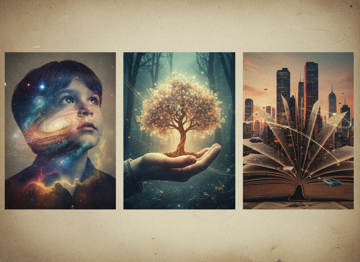 Un collage fotografico artistico che mostra tre diverse immagini a doppia esposizione: un bambino che guarda una galassia, una mano che tiene un albero luminoso e un libro che si apre su un paesaggio urbano.