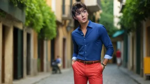 
Pantalone,a man that is wearing red pants standing in the street,harry styles,boy model,image editing,fashion model,boys fashion,photo editing,picture design,harry,male model,photo effect,handsome mo