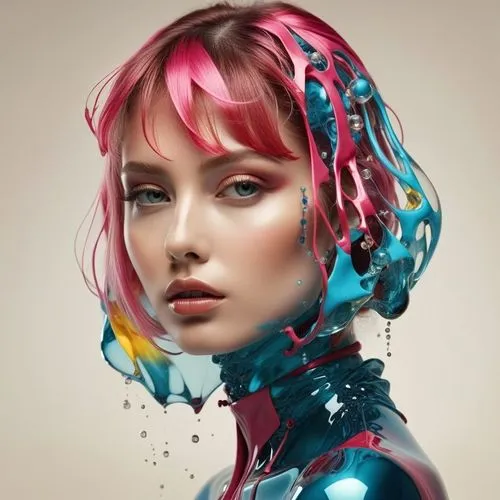 a woman with pink hair and blue makeup,world digital painting,cybernetic,fantasy portrait,fantasy art,synthetic,painter doll,colorist,neon body painting,cybernetics,body painting,fashion vector,hairdr