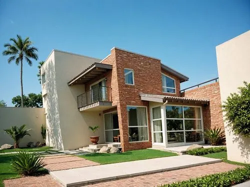 PHOTOGRAPH TAKEN WITH A KODAK CAMERA, WITH A 35MM LENS of a modern two-story house with a contemporary design, featuring a combination of brick and concrete. the house has large windows, sliding glass