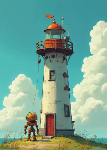 Cute Cartoon Robot Building A Lighthouse Art By Goro Fujita And Simon Stalenhag, Trending On Artstation, Hyper Detailed, Cinematic, Intricate Details, Artgerm..,a small robot on top of a hill near a l