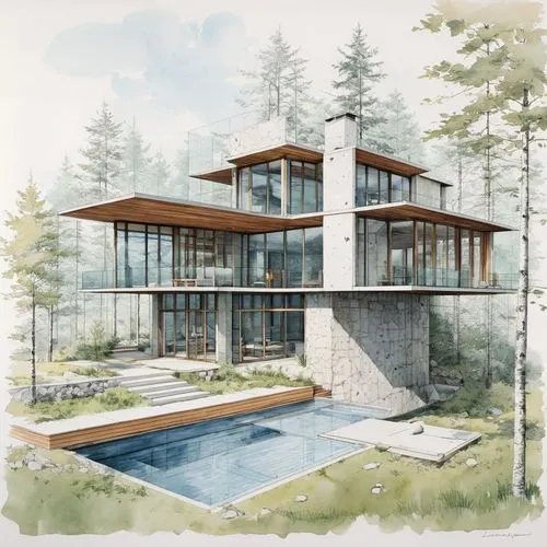 a large home with a swimming pool sits among the trees,modern house,pool house,chalet,mid century house,dunes house,house drawing,forest house,prefab,summer house,luxury property,modern architecture,h