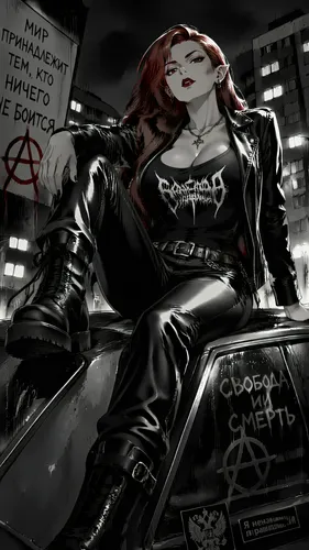 Manga style:

Sasha, a woman of Slavic descent in her thirties, 1.68m tall, with small pointed ears, long scarlet hair, red eyes, and an athletic build.
She is dressed in a black leather jacket, a bla