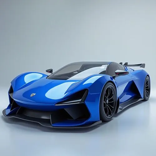 A cutting-edge electric coupe that balances aggressive performance with sleek aesthetics. The car features sharp, angular lines, an oversized rear wing, and wide, low-profile tires. The body is a vibr