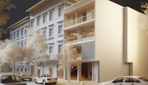 a building with some cars parked on the street,3d rendering,model house,render,apartment building,appartment building,facade painting,townhouses,dolls houses,3d render,3d rendered,townhouse,townhome,r