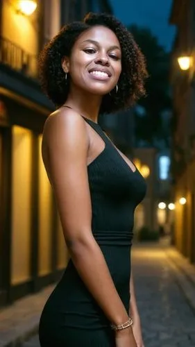 A beautiful, ebony woman flaca type is standing straight in front of a charming building, dressed in a stylish black tube-dress. The scene is set during a summer night with cinematic lighting, shot us