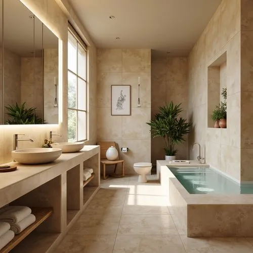 Calming bathroom oasis, warm beige walls, soft cream marble countertops, elegant chrome fixtures, large format porcelain tiles, natural stone flooring, spa-inspired ambiance, relaxing atmosphere, subt