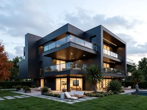 A contemporary, multi-story luxury residence showcasing a bold, geometric composition of stacked rectangular volumes in deep charcoal and slate hues. The façade features sleek glass railings, spacious